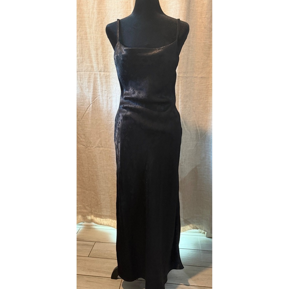 Vintage Black Floral Jacquard Satin Cowl Neck Maxi Slip Dress Spaghetti Strap